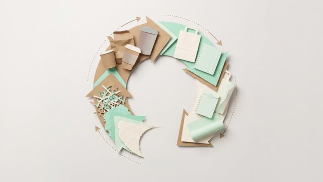 Eco-friendly paper products arranged in a circular recycle symbol for sustainability and waste reduction.