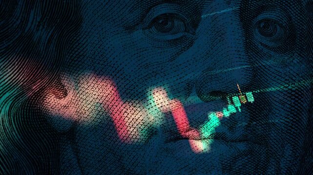 A dynamic timelapse video featuring fast moving stock market candlestick bars blended with a close up portrait of Benjamin Franklin from a 100 dollar bill, representing cash, wealth, and trading.