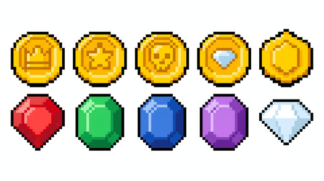 Pixel art gaming icons set of golden coins and colorful gemstones for retro game development