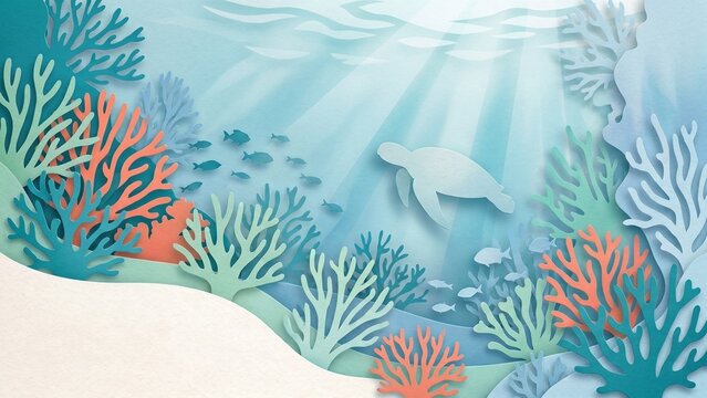 Sustainability concept featuring an underwater paper cut ocean scene with a turtle, coral reef, marine life, and fish.