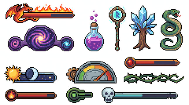 Retro fantasy RPG pixel art user interface kit with dragon health bars and magic items