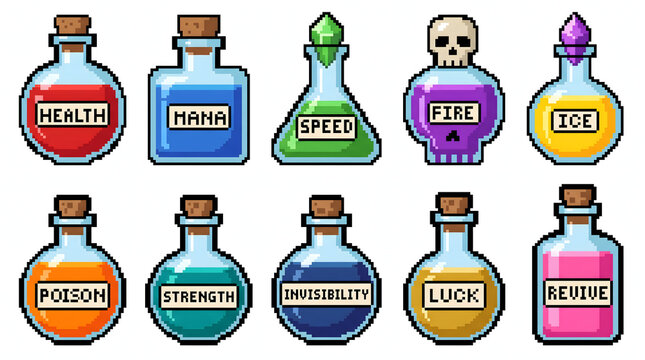 Retro pixel art collection of fantasy magic potion bottles and alchemical elixir game assets