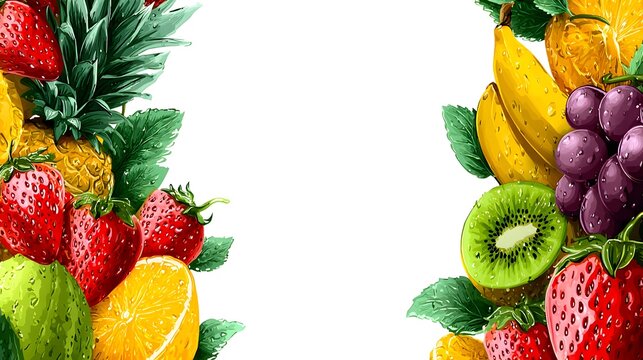 Fresh tropical fruit border with strawberries, kiwi, and pineapple illustration on white background