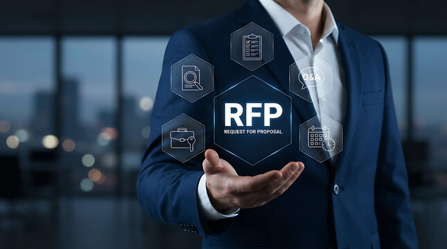 Businessman holding RFP request for proposal icon virtual business interface