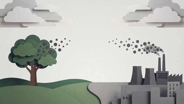 Sustainability concept contrasting a green tree in nature with industrial factory pollution in paper art style.