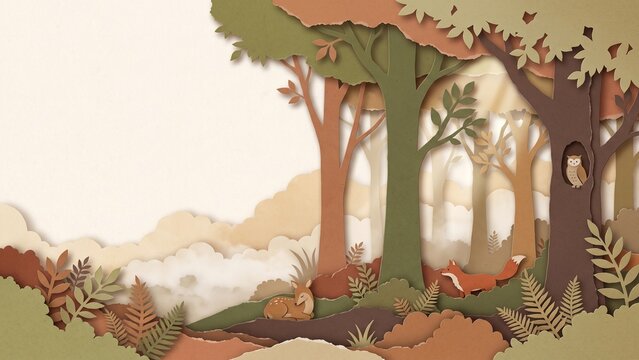 A layered papercut forest illustration promoting environmental sustainability with woodland wildlife including a fox, deer, and owl in a natural habitat.