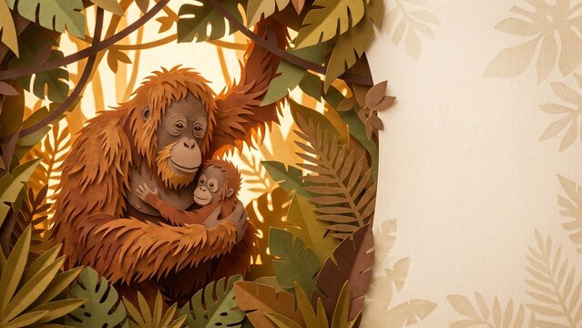 Paper-cut art style depicting an orangutan mother with her baby in a lush jungle, highlighting wildlife sustainability and nature conservation.