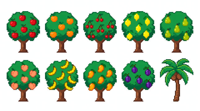Set of colorful pixel art fruit trees and coconut palm for retro game design assets