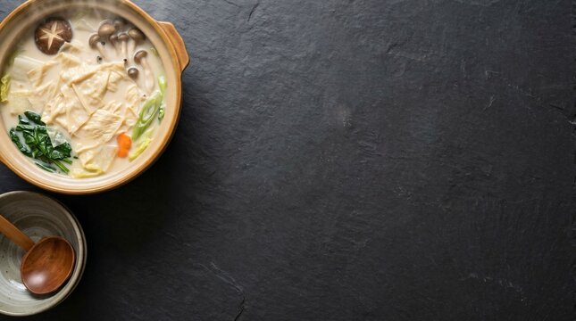 Japanese soy milk hot pot with fresh yuba tofu skin and vegetables in clay pot on black slate table