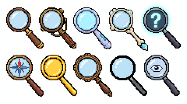 Collection of diverse pixel art magnifying glass icons for investigation and game UI design