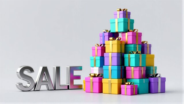 Colorful stacks of gift boxes with a prominent sale sign