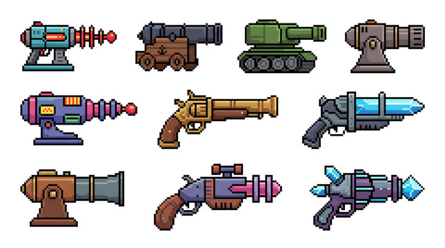 Various retro pixel art weapon icons featuring sci-fi blasters, cannons, and combat tanks