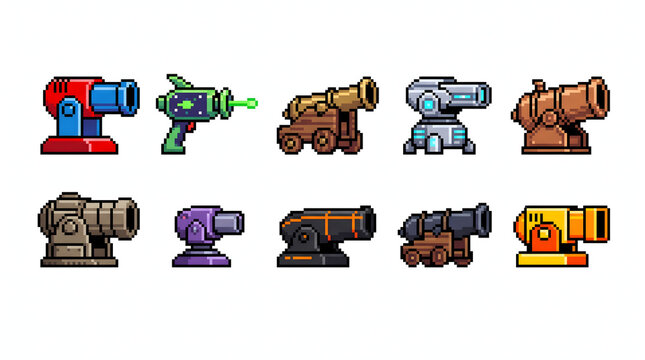 Set of colorful pixel art cannon icons and scifi blasters for retro video game design