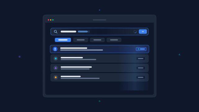 Futuristic search engine interface, dark mode digital dashboard UI, modern web browser application with glowing blue elements