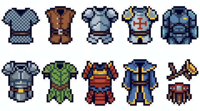Collection of fantasy RPG character armor sets in retro pixel art style for game design