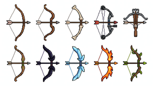 Fantasy pixel art weapon set featuring various bows and arrows for retro video game development