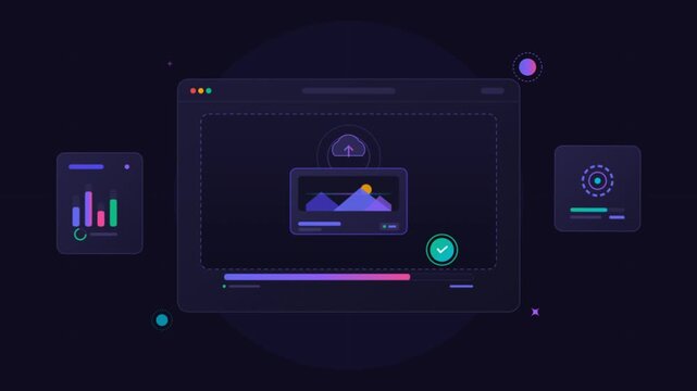 Modern dark mode UI animation, digital file upload interface with progress bar, abstract data dashboard and cloud storage concept