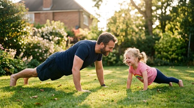 Father and daughter doing pushups together in a sunny garden backyard
