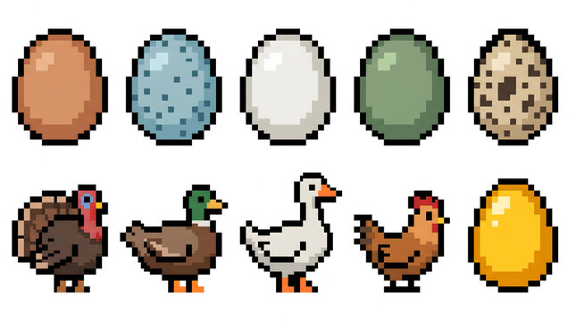 Pixel art poultry collection featuring turkey duck goose chicken and various animal eggs