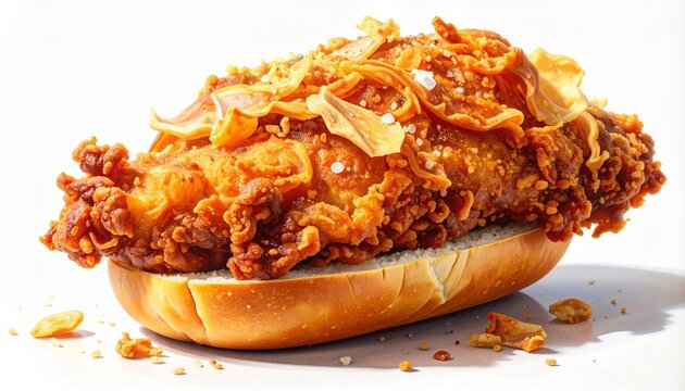 Crispy pork rind sandwich with golden chicharron on soft bun close-up food photography