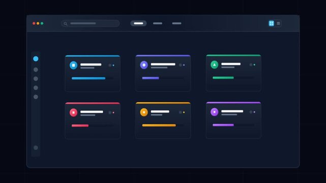 Dark mode dashboard UI, modern software interface with colorful data cards, sleek web application control panel for business analytics