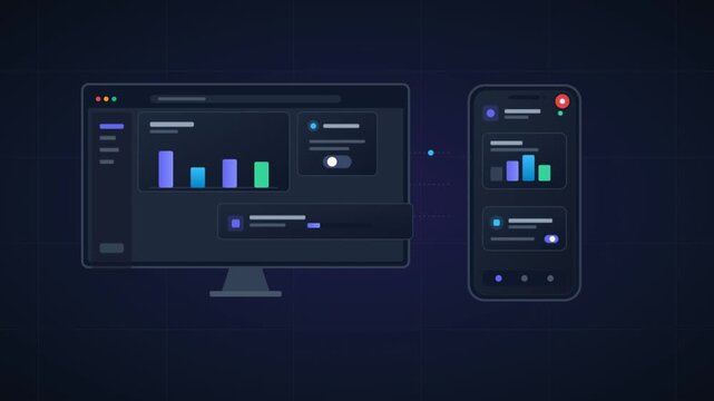 Futuristic data dashboard animation, responsive UI design on monitor and smartphone, dark mode analytics interface with bar charts