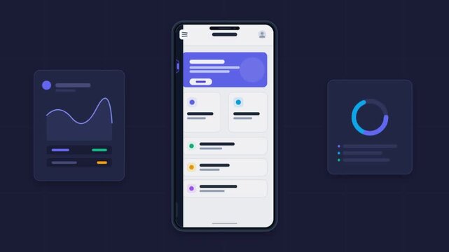 Modern mobile UI dashboard animation, smartphone app interface with data charts and analytics, dark mode digital tech design