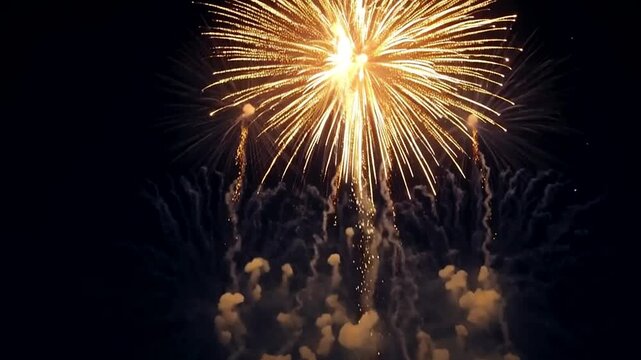 Grand Fireworks Finale Display Lighting Up Night Sky With Bright Golden Sparks And Smoke Trails For Festive Celebration And Event Background