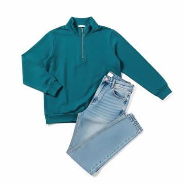 A green sweater and jeans on a white background