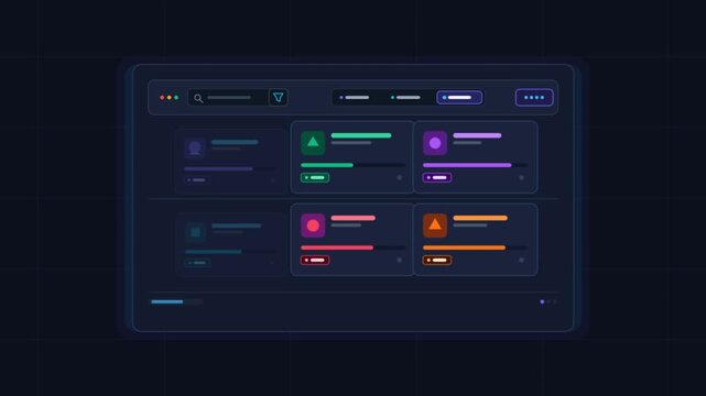Futuristic UI dashboard with neon data cards, dark mode software interface, glowing digital analytics control panel for tech apps