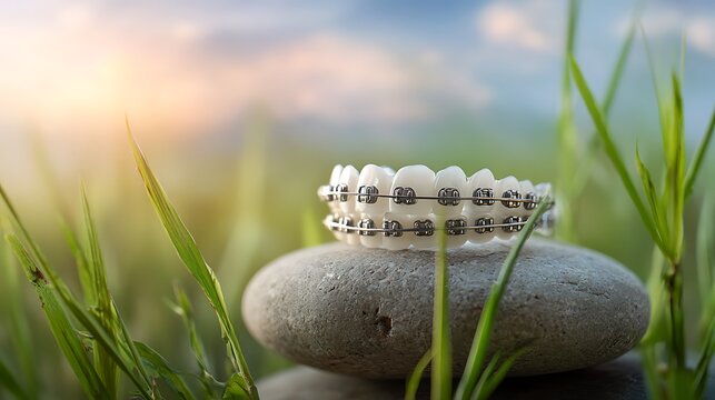 Dental braces on a smooth stone representing healthy teeth and orthodontic treatment set in a serene natural environment with soft sunlight