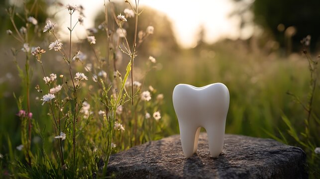 Healthy tooth model standing on a rock in a natural meadow representing dental care and well-being with soft sunlight and wildflowers