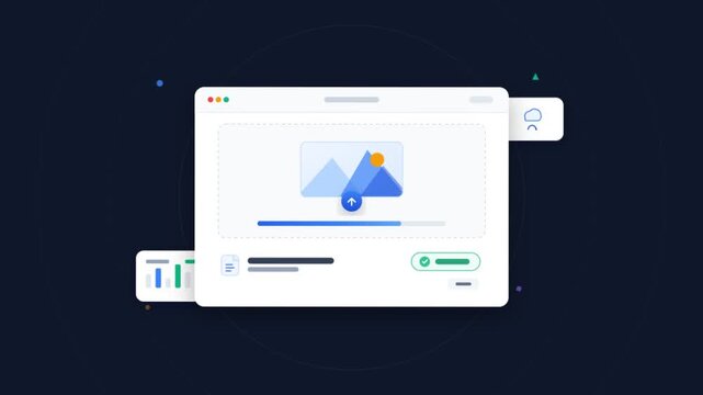 Minimalist digital interface animation, modern web browser window with image upload progress bar, clean UI dashboard elements