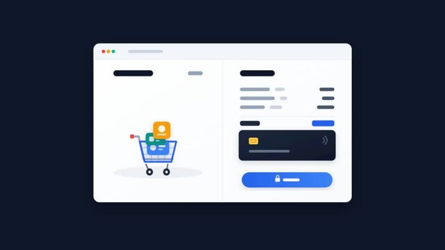 E-commerce checkout animation, online shopping cart with credit card payment interface, digital store transaction concept