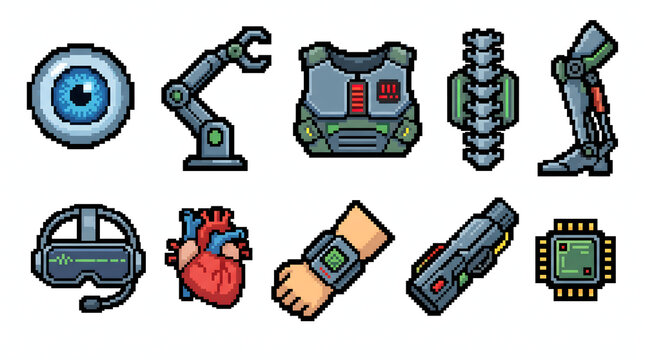 Futuristic cyberpunk body augmentations and bionic hardware pixel art icons for game design