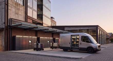 Obraz premium White delivery van with open cargo door parked at modern industrial building loading dock during sunset