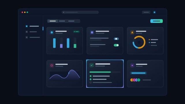 Futuristic dark mode dashboard interface, digital data visualization with neon charts and graphs, modern SaaS analytics UI design