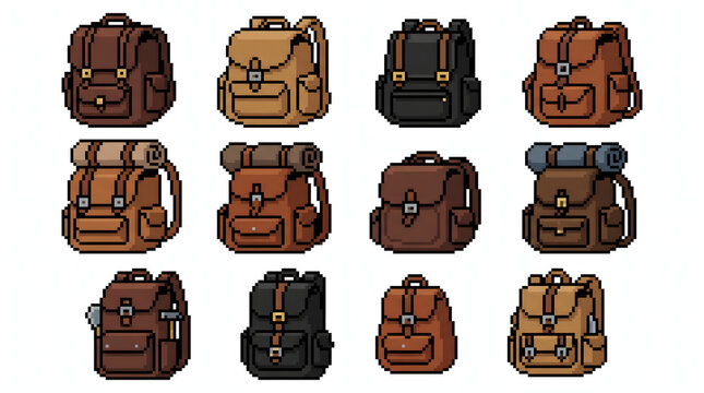 Set of retro pixel art travel backpacks with camping gear for video game assets