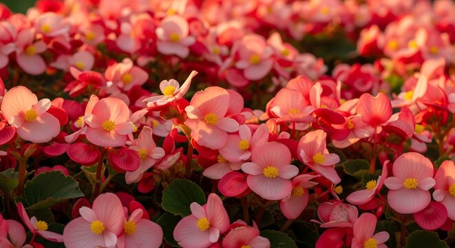 Beautiful vibrant red and pink begonia flowers blooming in a sunny garden bed during spring