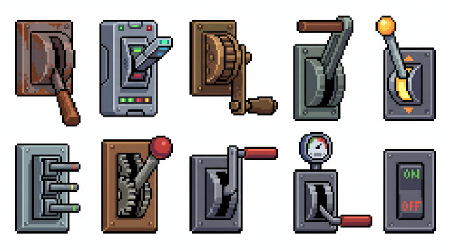 Set of various pixel art industrial levers and electronic switches for vintage game mechanics