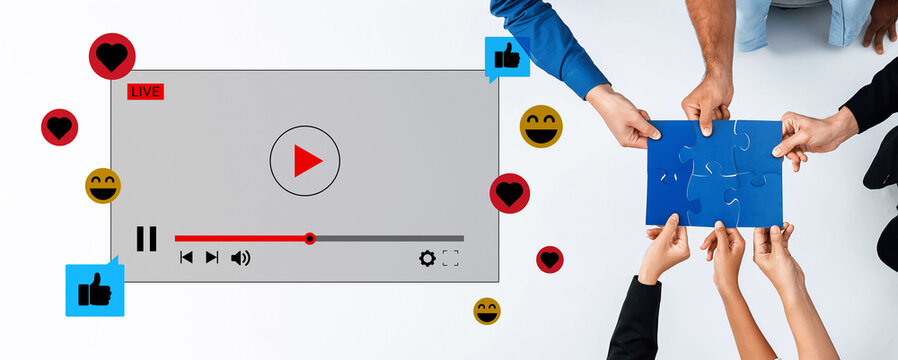 A lively scene depicting diverse hands engaging with puzzle pieces, supplemented by technology symbols, illustrating connection and participation in an online live streaming event. Ledger