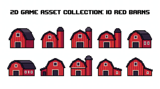 Collection of ten red pixel art barn houses for rustic farming simulator game assets