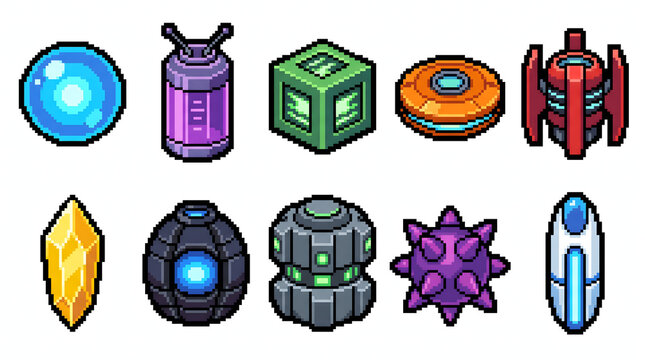 Futuristic pixel art game assets collection featuring energy orbs crystals and sci-fi capsules