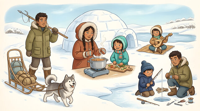 Wholesome children's illustration of fictional Arctic residents participating in winter activities