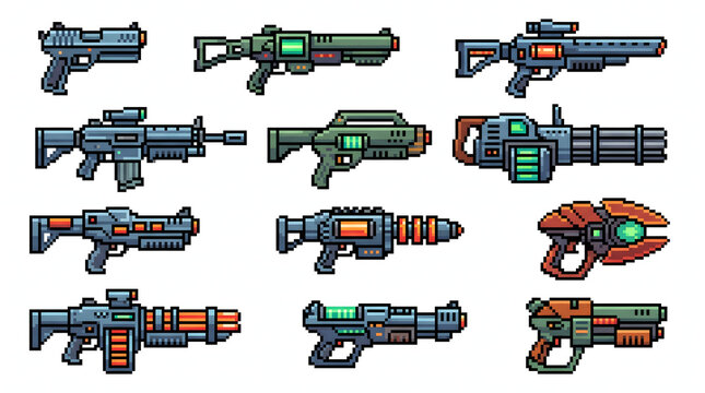 Collection of futuristic sci-fi laser guns and rifles in retro pixel art style for game assets.