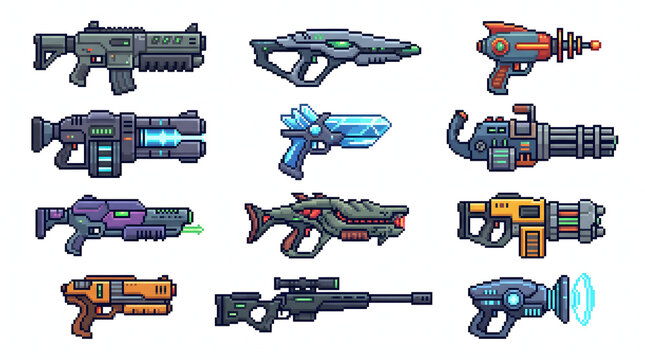 Collection of futuristic pixel art sci-fi blasters and laser weapons for retro game development