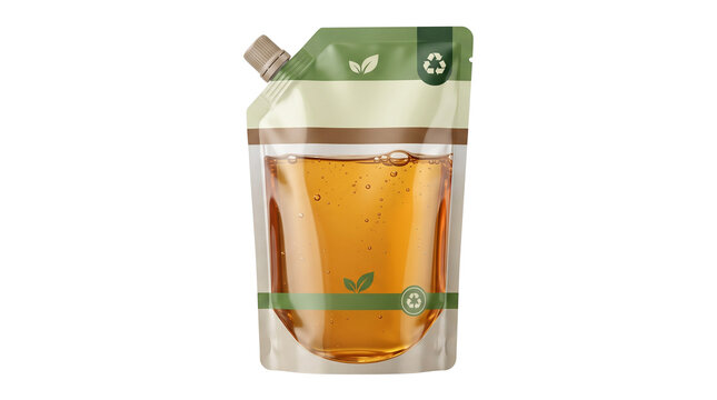 Eco-friendly spout pouch with amber liquid. Sustainable plastic refill bag for juice or oil. Recyclable flexible packaging mockup.