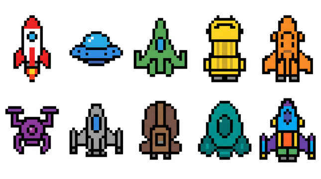 Colorful pixel art spaceship and rocket collection for retro arcade video game assets.