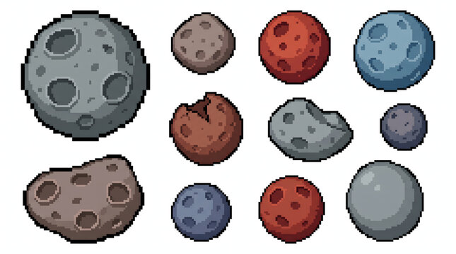 Pixel art collection of various asteroids and meteoroids with craters for retro game assets