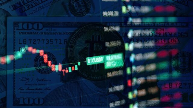 A dynamic timelapse video featuring fast moving stock market candlestick bars blended with a close up of a bitcoin resting on Benjamin Franklin on a 100 dollar bill, representing crypto vs fiat tradin